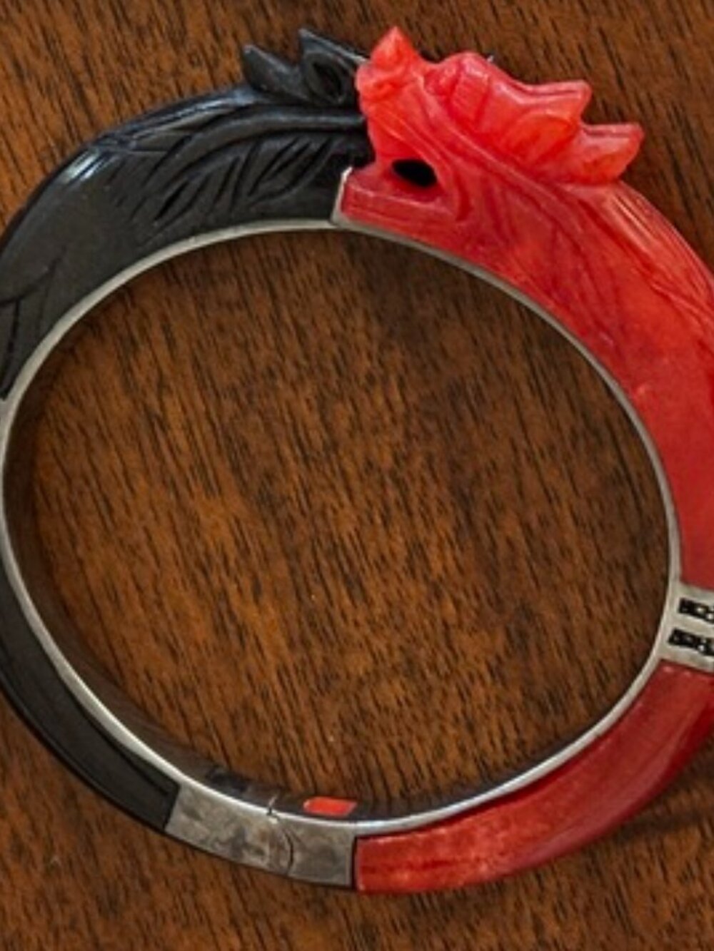 Rare Vintage Black & Red Nephrite Jade Sterling Silver Dragon Bangle